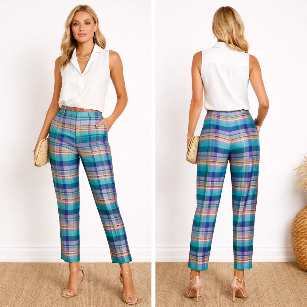Ralph Lauren Silk Plaid Pants Sz 12 Y2K Vibrant Tapered Ankle Preppy Chic